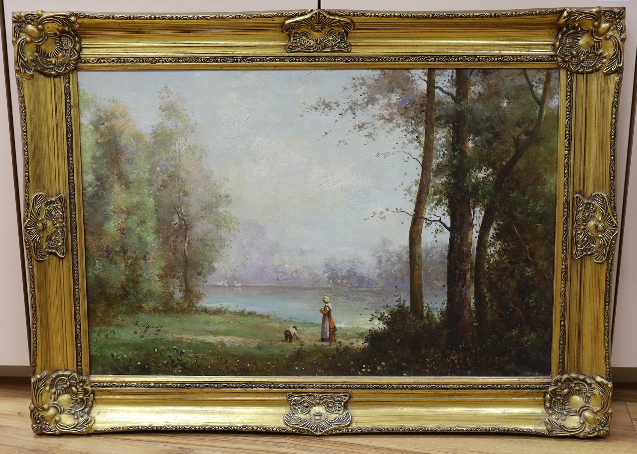 R. Young, oil on canvas, Figures beside a lake, signed, 50 x 75cm